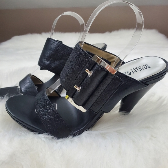 Michael Kors Size 8 Black Leather Buckle Heeled Sandals - Picture 6 of 10